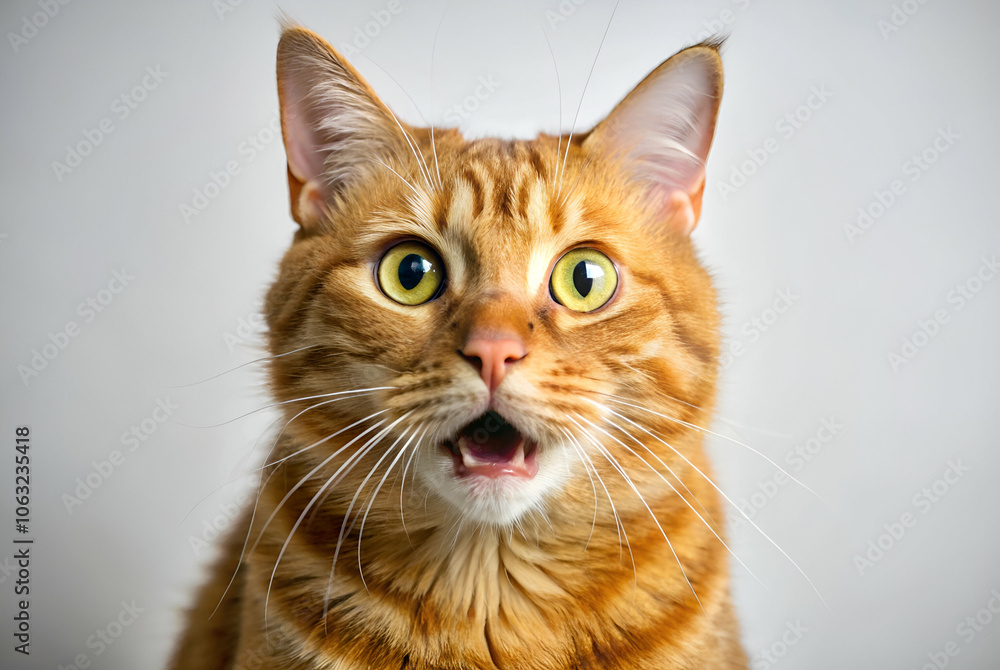A surprised orange tabby cat with big yellow eyes and an open mouth, showcasing its adorable expression against a plain background. A surprised orange tabby cat with big yellow eyes and an open mouth, showcasing its adorable expression against a plain background.