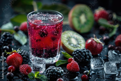 Refreshing Summer Drink with Berries, Kiwi, and Ice Cubes