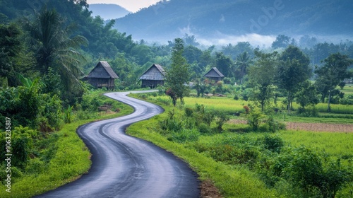 A winding road through a scenic Lao countryside,