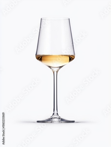 A sophisticated tall wine glass partially filled with golden-hued white wine, isolated against a pure white background. Perfect for themes of fine dining, wine tasting, and luxury.