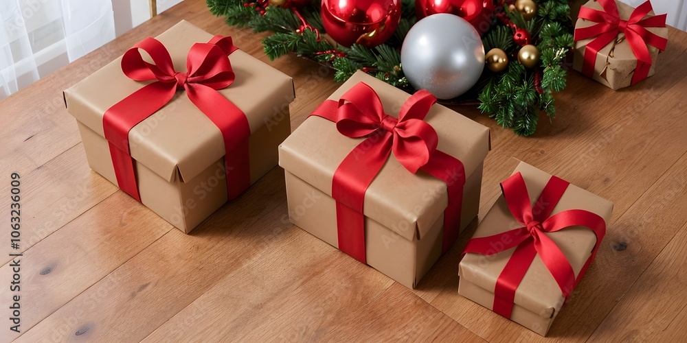 Kraft paper gift box, simple red bow, winter greenery and ornaments nearby. Kraft paper gift box, simple red bow, winter greenery and ornaments nearby.