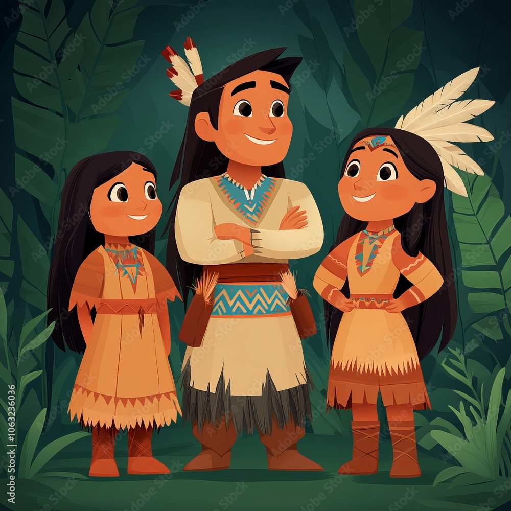 Three animated characters in traditional attire, smiling in a jungle setting. Three animated characters in traditional attire, smiling in a jungle setting.
