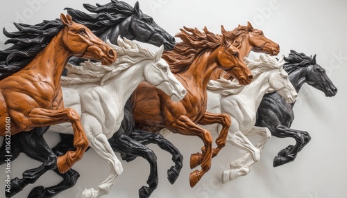 artistic wall piece depicting three galloping horses in brown, black, and white, their forms intricately sculpted in relief against a pristine white background