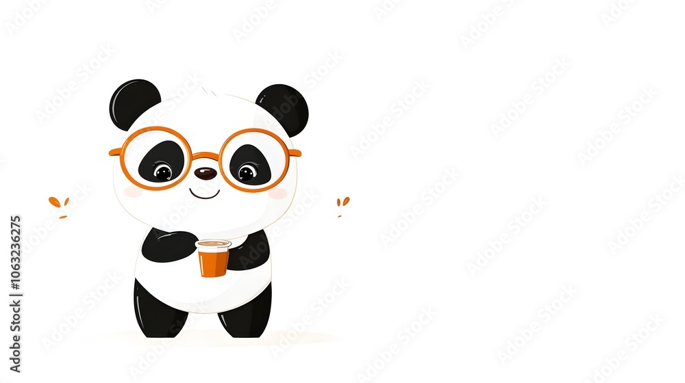 Adorable cartoon panda character wearing big glasses and holding a tiny cup of coffee with a happy cheerful expression Adorable cartoon panda character wearing big glasses and holding a tiny cup of coffee with a happy cheerful expression