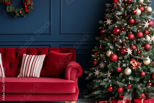 Christmas tree decorated with baubles in stars and stripes overall color scheme red white and blue, the walls and painted dark blue, deep red velvet sofa, US flag vibes