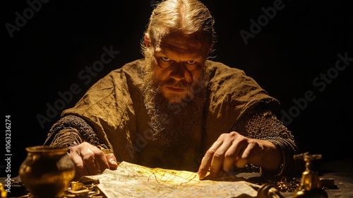 Determined Viking Warrior Charting Exploration Course with Intricate Map and Navigational Tools photo