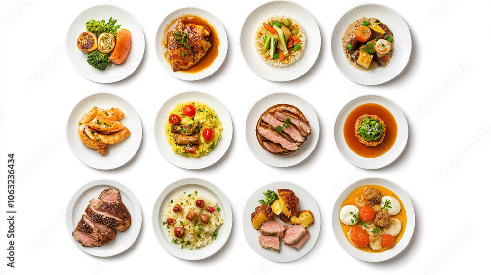 A diverse assortment of gourmet dishes presented on elegant white plates for a culinary showcase A diverse assortment of gourmet dishes presented on elegant white plates for a culinary showcase