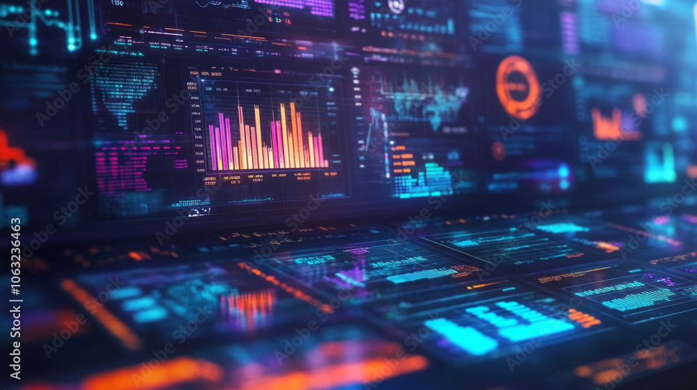 An advanced digital dashboard displaying real-time analytics and graphical data visualizations in a modern workspace environment An advanced digital dashboard displaying real-time analytics and graphical data visualizations in a modern workspace environment