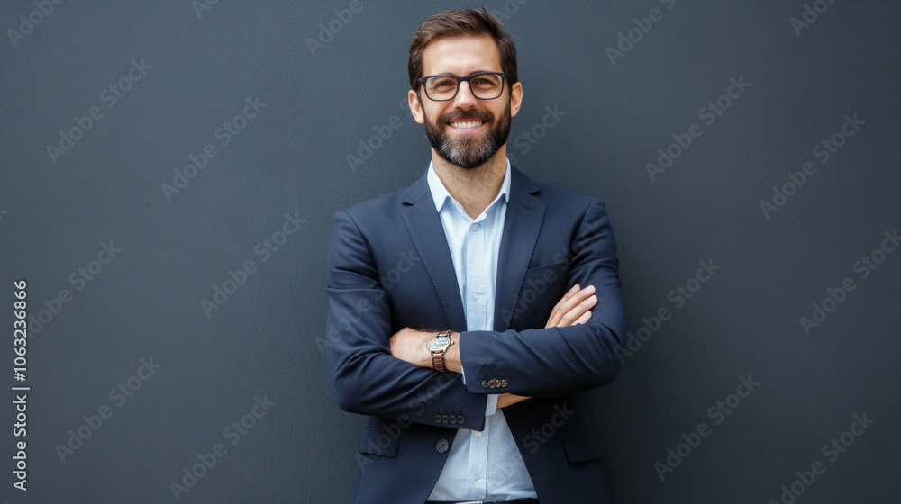 A confident man in a suit stands with arms crossed against a dark wall, showcasing a professional demeanor in an urban setting A confident man in a suit stands with arms crossed against a dark wall, showcasing a professional demeanor in an urban setting