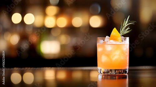 A vibrant cocktail with layers of color and a citrus garnish rests on a glossy bar counter. The background glows with dim, ambient light, highlighting rows of premium bottles. Subtle bokeh adds