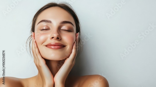 Face, smile and glow of woman in studio isolated on white background. Natural cosmetics, thinking and beauty of happy female model with spa, facial treatment mockup and aesthetic for healthy skin