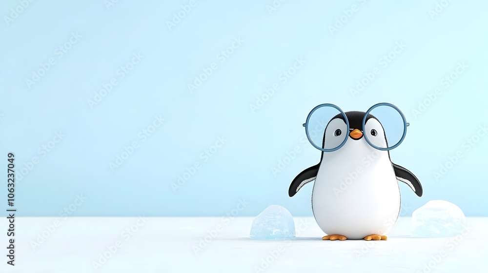 Obraz premium Cheerful cartoon penguin with oversized glasses standing on ice in a playful winter themed setting The penguin has a happy expressive face and is surrounded by a snowy frosty landscape