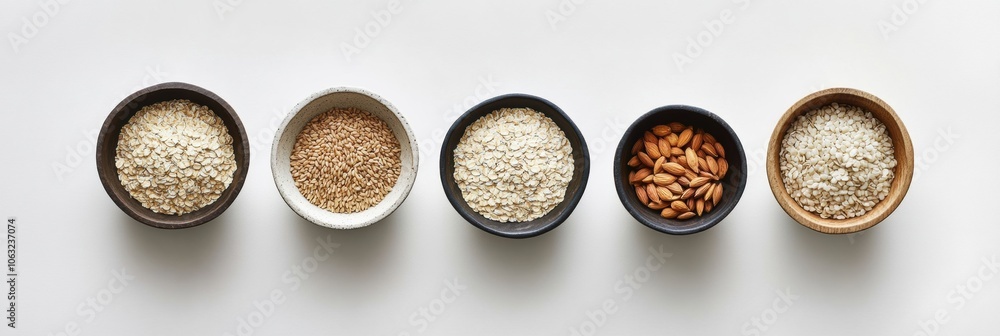 Various grains including oats, rice, and corn are elegantly displayed in stylish bowls against a clean white backdrop. Generative AI Various grains including oats, rice, and corn are elegantly displayed in stylish bowls against a clean white backdrop. Generative AI