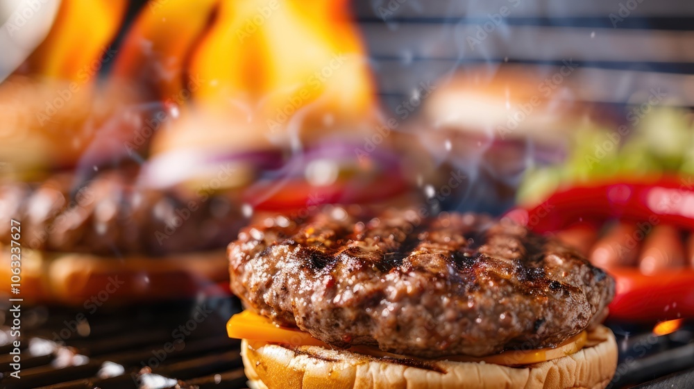 A close-up of a grilled burger patty with cheese, sizzling on a barbecue, surrounded by flames and colorful vegetables, evoking a delicious summer cookout. A close-up of a grilled burger patty with cheese, sizzling on a barbecue, surrounded by flames and colorful vegetables, evoking a delicious summer cookout.