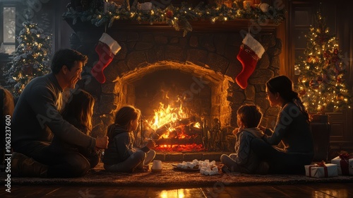 Family gathered around the fireplace, roasting marshmallows and sharing stories, with stockings hanging nearby. 4K hyperrealistic photo.