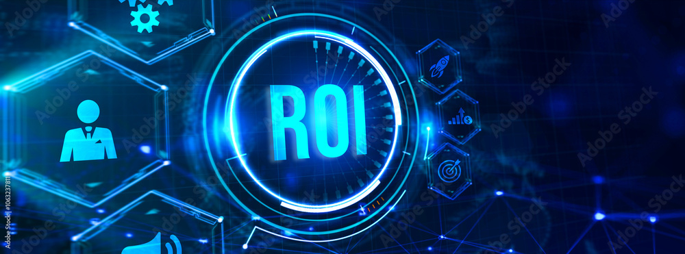 ROI Return on investment financial growth concept. Business, Technology, Internet and network concept. 3d illustration ROI Return on investment financial growth concept. Business, Technology, Internet and network concept. 3d illustration