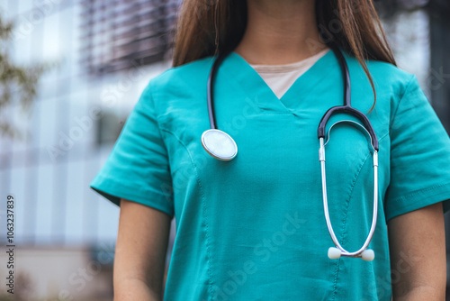 Medical Professional Wearing Scrubs and Stethoscope Outdoors