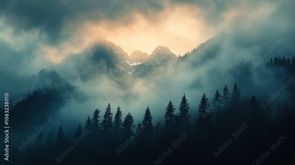 Misty mountain landscape with dramatic clouds and sunlight peeking through at dawn over a serene forest Misty mountain landscape with dramatic clouds and sunlight peeking through at dawn over a serene forest