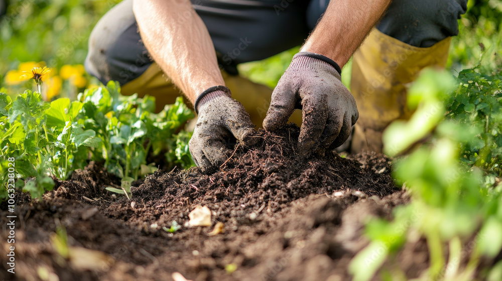 Gardener using natural compost to enrich soil in a vibrant vegetable garden during a sunny afternoon Gardener using natural compost to enrich soil in a vibrant vegetable garden during a sunny afternoon