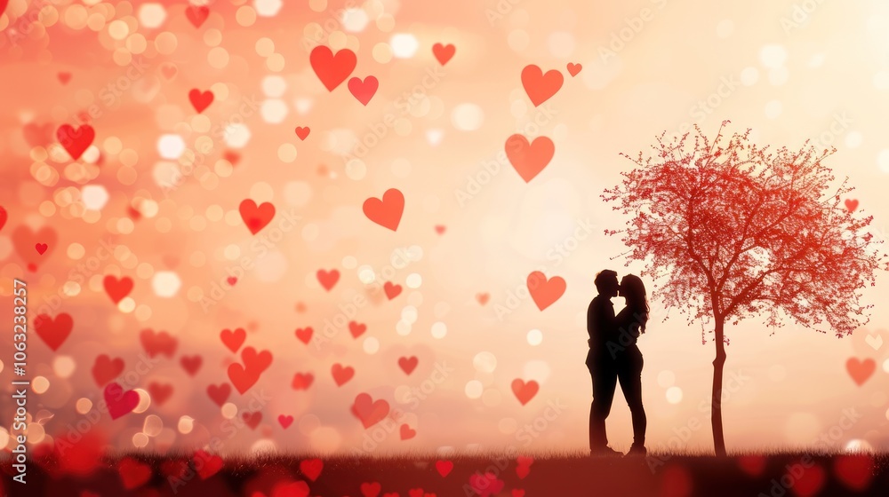 A romantic silhouette of a couple embracing amidst a dreamy backdrop of ...