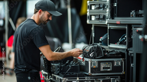 Assistant organizing audio-visual equipment in a busy production area during a live event preparation