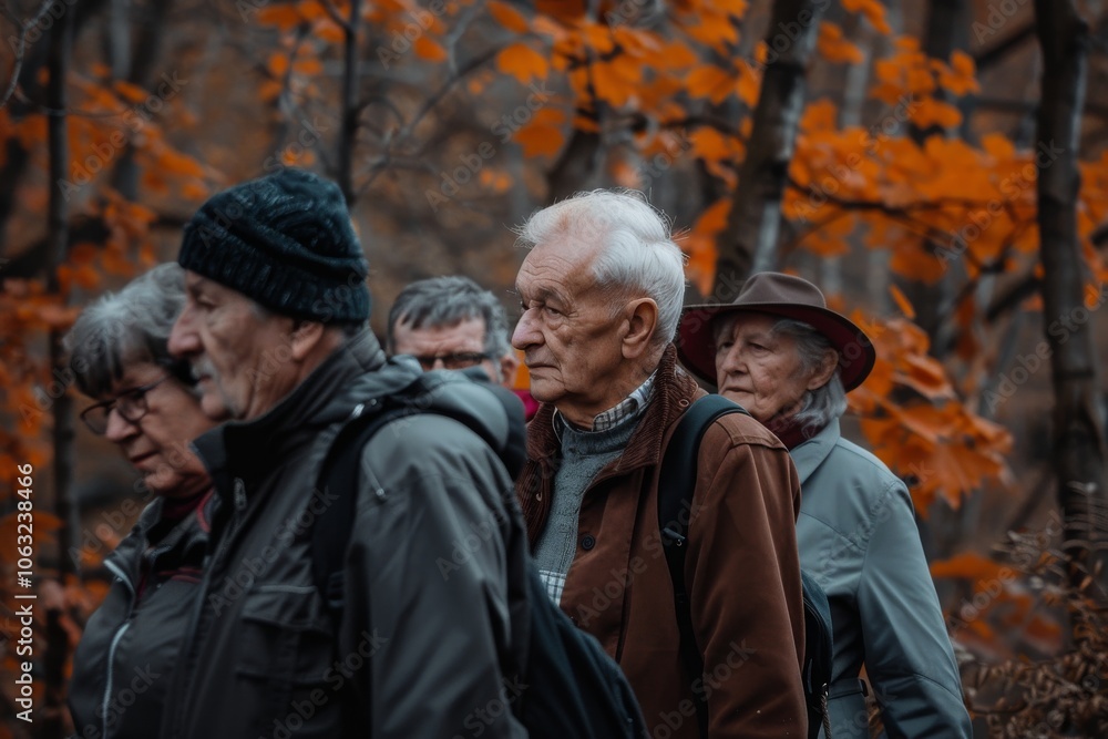 Group of elderly friends walking in the autumn forest. Selective focus. Group of elderly friends walking in the autumn forest. Selective focus.
