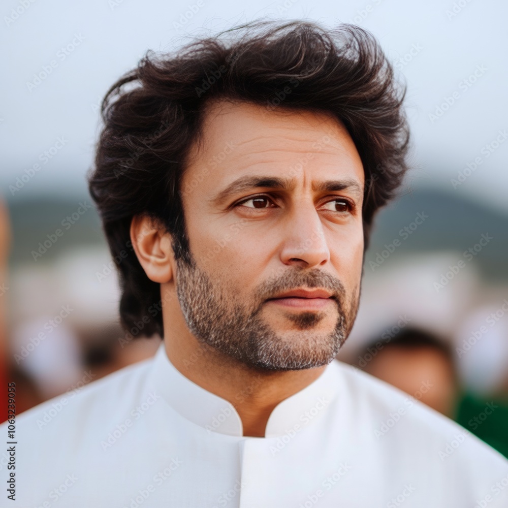 Fototapeta premium A contemplative man in traditional attire gazes into the distance.