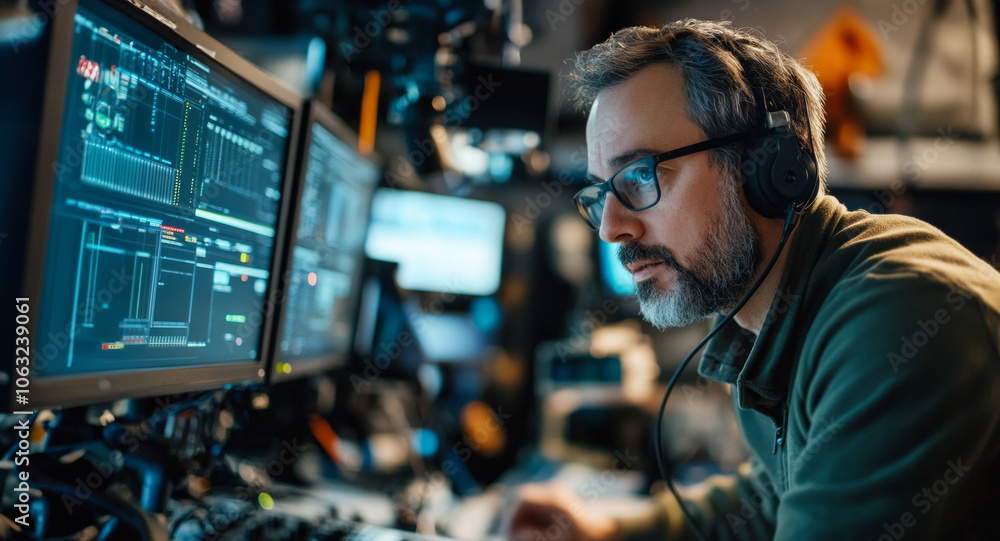 Engineer monitors audio levels in a control room during a live production at a broadcasting studio in the evening Engineer monitors audio levels in a control room during a live production at a broadcasting studio in the evening
