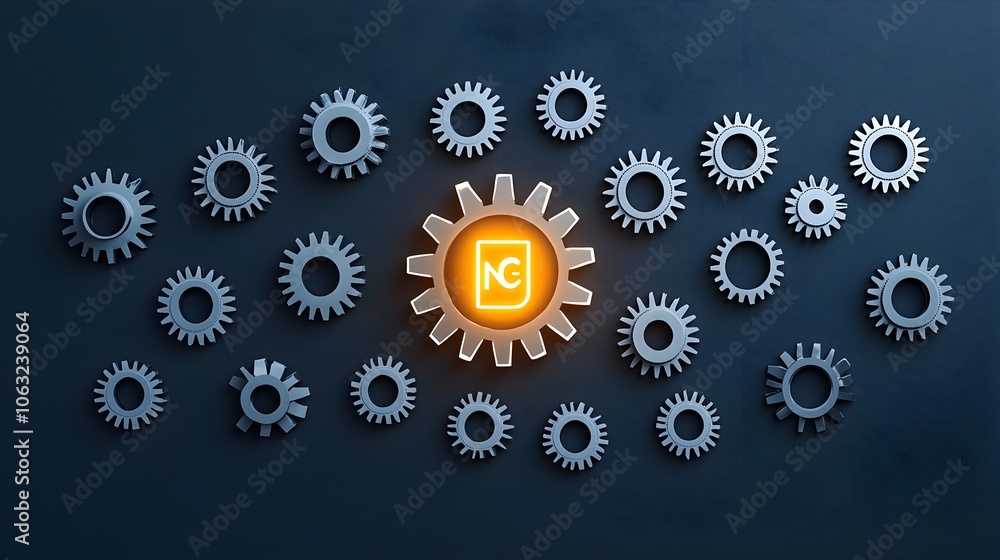 Cluster of metallic gears with one glowing gear in the center symbolizing a key creative solution or innovative breakthrough in a technological or industrial context Cluster of metallic gears with one glowing gear in the center symbolizing a key creative solution or innovative breakthrough in a technological or industrial context