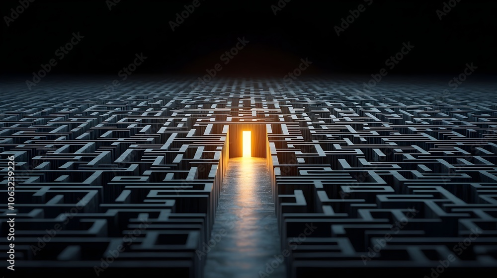 Fototapeta premium Glowing Exit Symbolizing Solutions and Clarity Amidst Complex Maze or Labyrinth Representing Problem Solving Breakthrough and Successful Outcomes