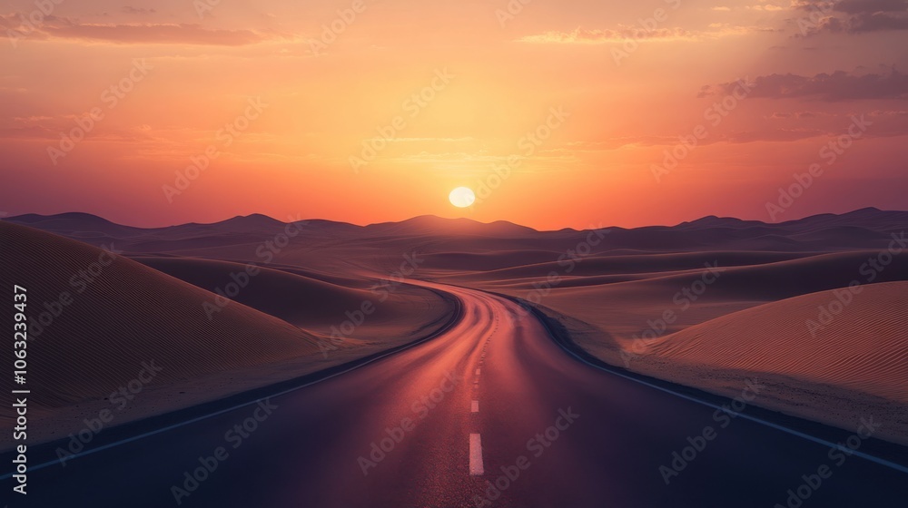 An empty road in the desert at dusk, with the sun setting An empty road in the desert at dusk, with the sun setting