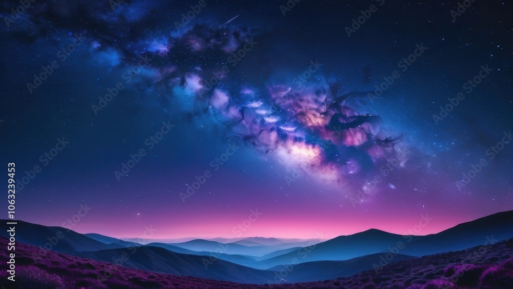 Obraz premium A breathtaking night landscape showcasing the Milky Way over a serene valley, painted in shades of purple and blue. Perfect for astronomy and nature lovers