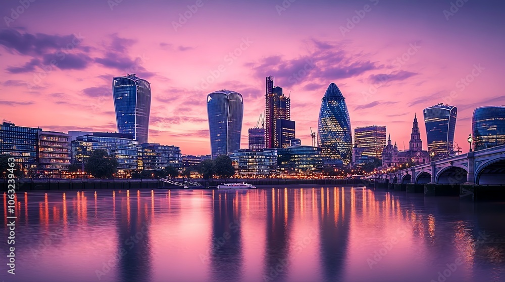Fototapeta premium A view of London's skyline at dusk, with the Shard in the center.