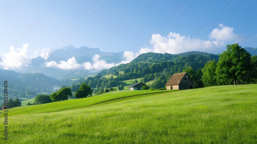 A tranquil landscape featuring lush green fields, distant mountains, and a quaint cabin under a clear blue sky with scattered clouds. A tranquil landscape featuring lush green fields, distant mountains, and a quaint cabin under a clear blue sky with scattered clouds.