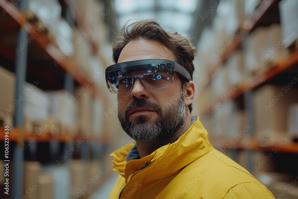 Fototapeta premium A man stands confidently in a modern warehouse, wearing futuristic augmented reality glasses. This image captures the blend of technology and industry in a contemporary setting.