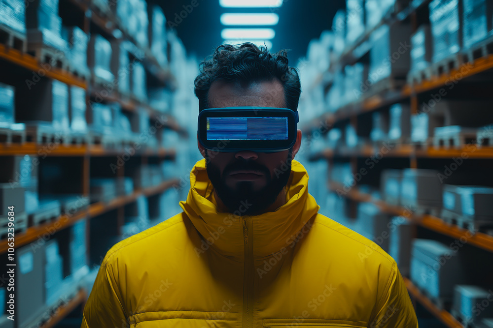 A man wearing a futuristic yellow jacket and augmented reality glasses stands in an industrial warehouse, showcasing innovative technology in a modern setting. A man wearing a futuristic yellow jacket and augmented reality glasses stands in an industrial warehouse, showcasing innovative technology in a modern setting.