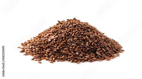 a realistic close-up of flax seeds, rich brown, detailed texture, photorealistic, isolated on white background