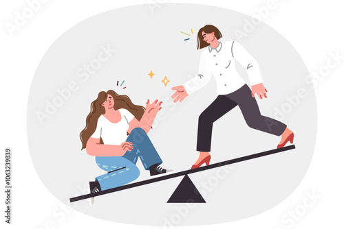 Woman helps friend get up after fall, showing empathy and sympathy for colleague in trouble