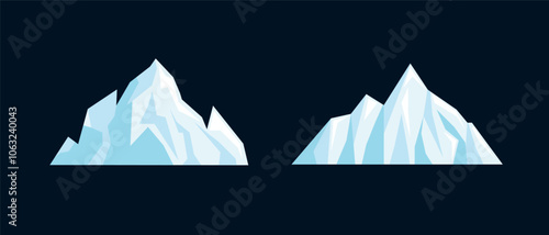 Blue and white iceberg graphic showing a frozen, isolated mountain with deep underwater sections, ideal for illustrating polar landscapes and hidden arctic depths. Captures the purity and cool climate