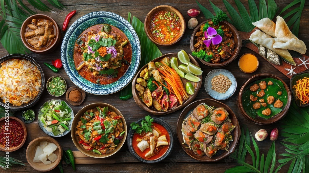 An enticing spread of Thai cuisine with a variety of dishes, An enticing spread of Thai cuisine with a variety of dishes,