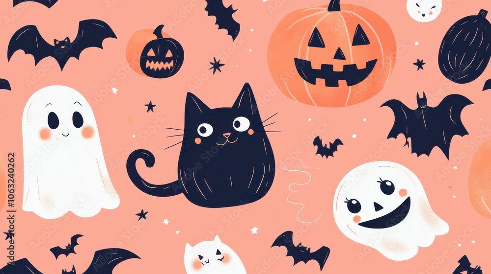 Happy Halloween. Vector cute childish naive illustrations of characters, pumpkin, black cat, ghost, pattern, witch, logo for greeting card, poster, flyer or background Happy Halloween. Vector cute childish naive illustrations of characters, pumpkin, black cat, ghost, pattern, witch, logo for greeting card, poster, flyer or background