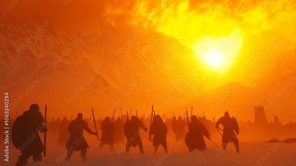 Fototapeta premium Frozen Viking Warriors: Training in Winter Sunset at Settlement with Snow-Covered Mountains | Ultra-Detailed Historical Scene