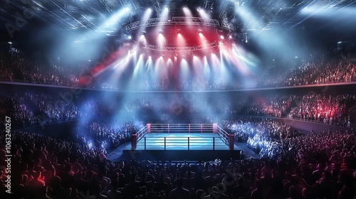 An empty boxing ring in a large arena with bright lights and a packed audience.
