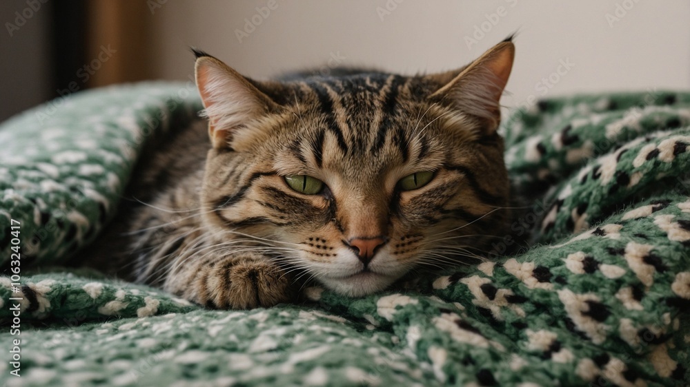 A Sleeping Tabby Cat Nestled on a Leopard Print Blanket A Sleeping Tabby Cat Nestled on a Leopard Print Blanket