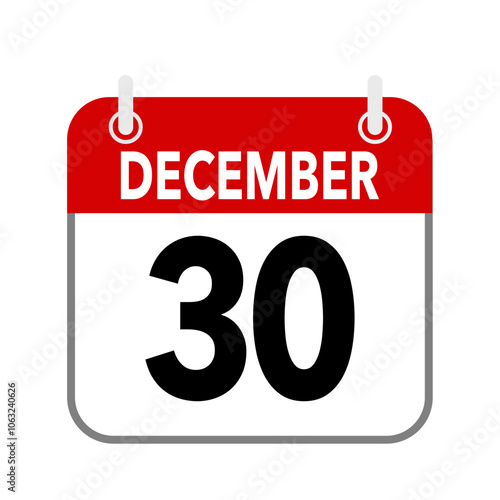 30 December, calendar icon isolated on white background.