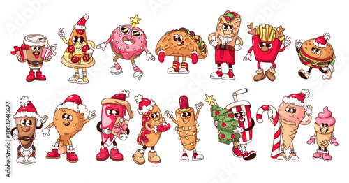 Groovy Christmas fast food cartoon characters set. Funny retro comic hotdog and chicken drumstick, pizza and burrito, taco. Christmas mascots, cartoon collection of 70s 80s style vector illustration