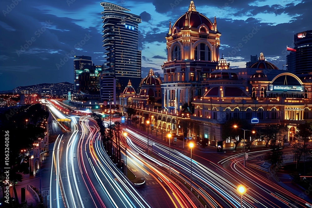 Naklejka premium Light trails created by cars speeding past a backdrop of beautiful buildings in a city at night