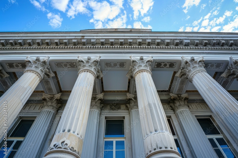 Architectural detail of a majestic building facade adorned with towering corinthian columns, showcasing intricate carvings and a sense of grandeur against a backdrop of a bright blue sky Architectural detail of a majestic building facade adorned with towering corinthian columns, showcasing intricate carvings and a sense of grandeur against a backdrop of a bright blue sky