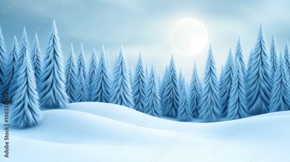 Naklejka premium Snow-covered forest under a full moon creates a serene winter wonderland, AI