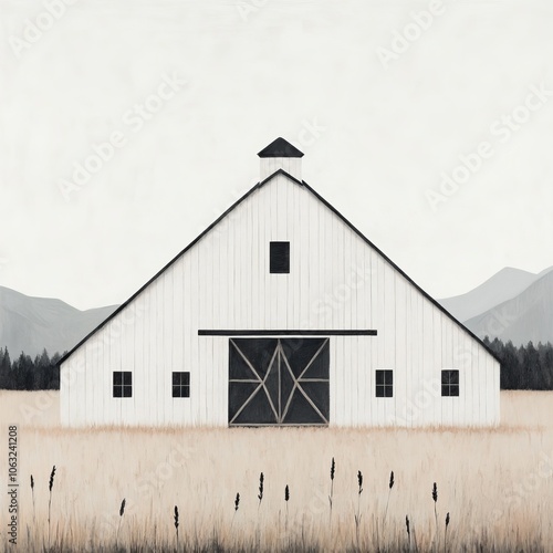 A serene white barn set against a minimalist landscape of mountains and grass.